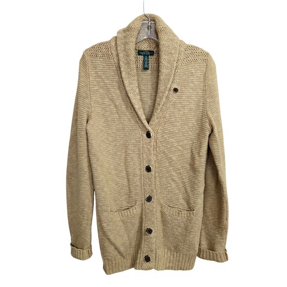 LRL Ralph Lauren Jeans Linen Cotton Cardigan Sweater M Shawl Collar Bone buttons - Picture 1 of 9